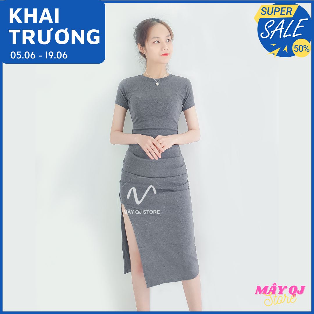 Đầm Nữ Ôm Body Tay Ngắn Dáng Dài Xếp Ly Eo Chất Vải Thun Cotton Mềm Mịn Quyến Rũ Freesize dưới 58kg