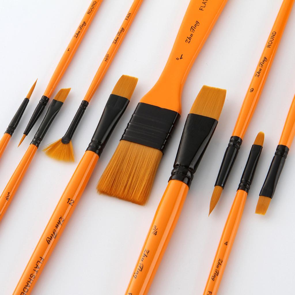 10 Wooden Handle Paint Brushes Artist Brushes Flat Brushes Oil Paint Brushes Brush Set with Zipper Storage Case Watercolor Painting Art Supplies