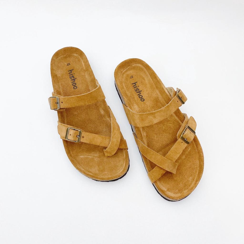 Dép đế trấu birken nam nữ unisex 2 khóa quai xỏ ngón da bò size 35 - 43 chính hãng Hishoo S101