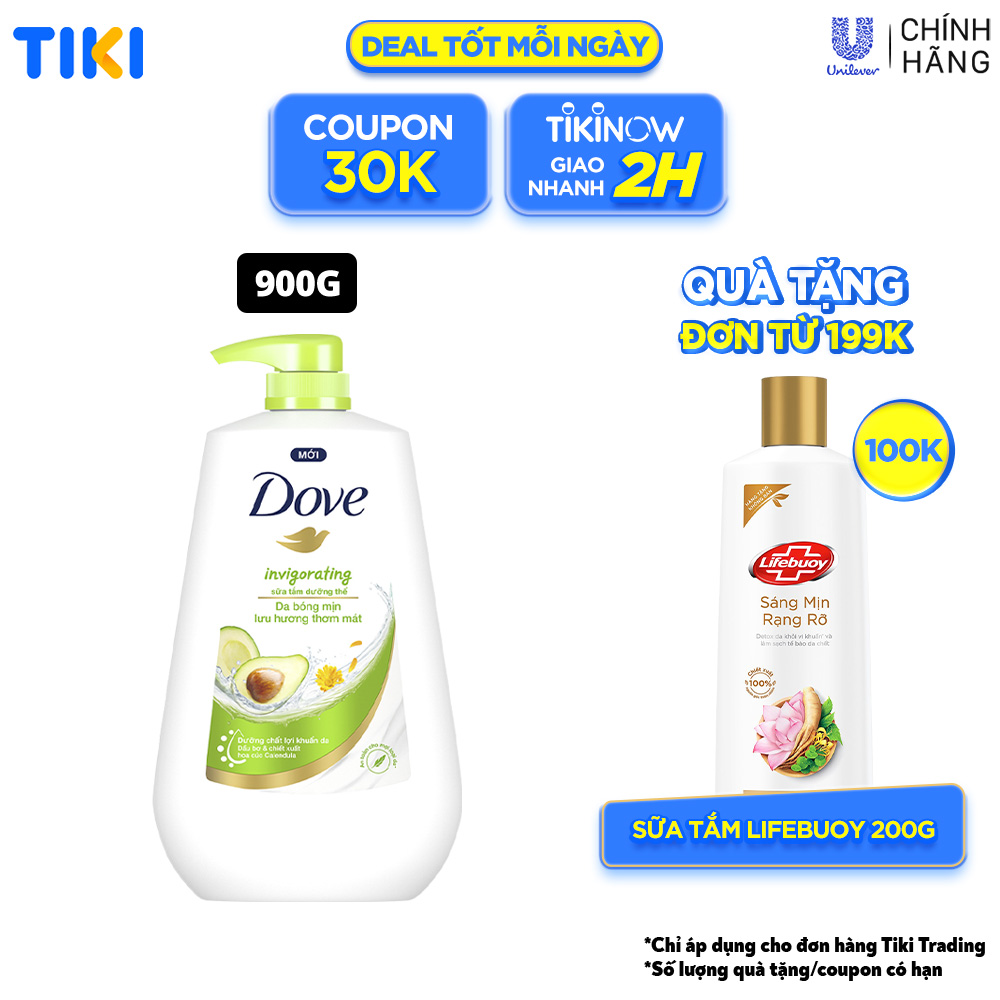 Sữa tắm dưỡng thể Dove Invigorating Da bóng mịn thơm mát với dầu bơ và hoa cúc Calendular 900g