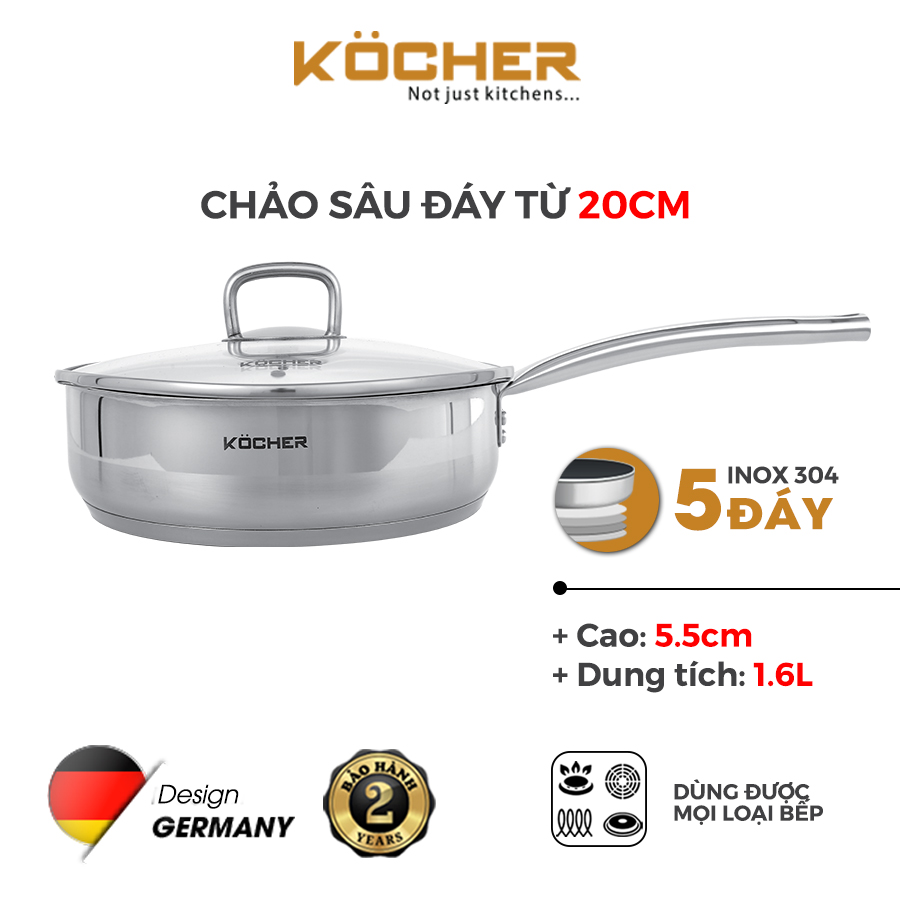 Chảo Chống Dính Bếp Từ, Chảo Đáy Từ Sâu Lòng KOCHER Có Nắp Kính Kocher Cao Cấp Size 20cm