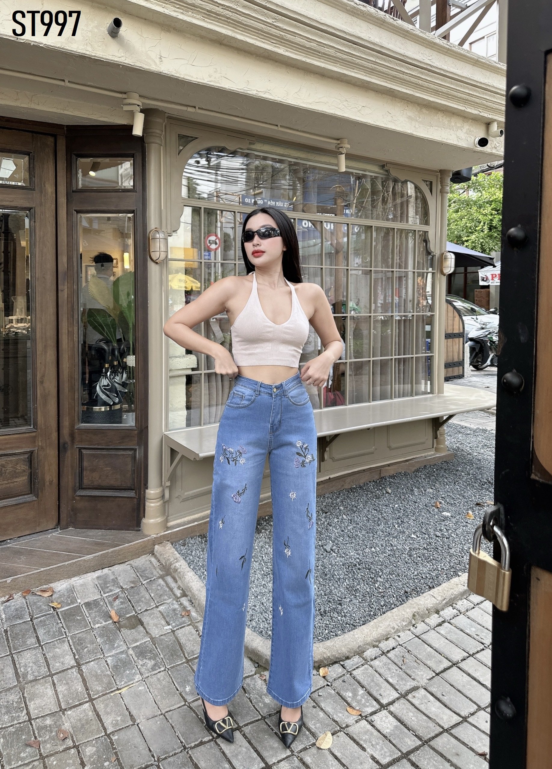 Quần Jeans Nữ Ống Suông Dài Thêu Hoa Lưng Cao Chất Jeans Co Giãn 4 Chiều