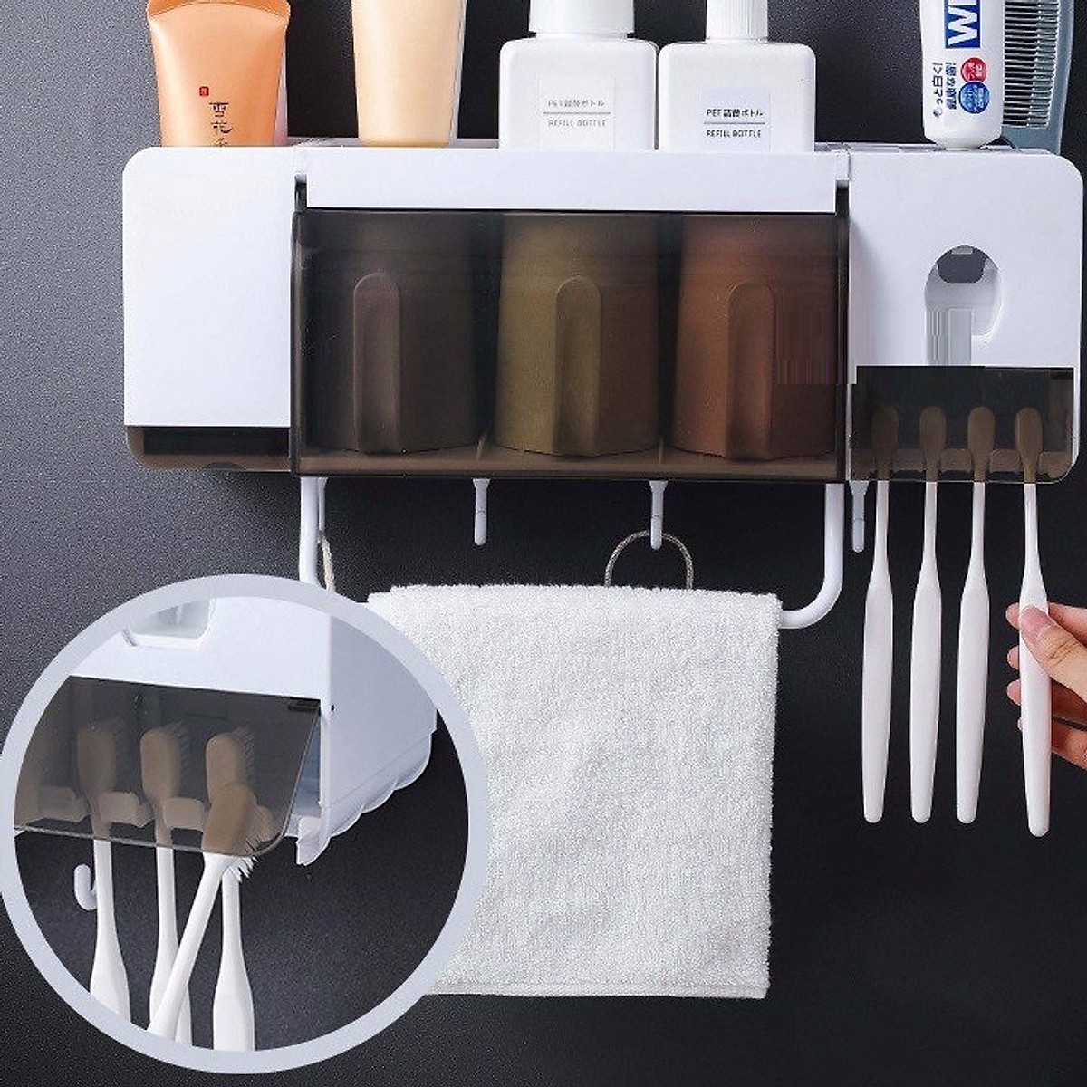 Dụng cụ nhả kem đánh răng tích hợp làm kệ để đồ trong phòng tắm tặng kèm 3 ly