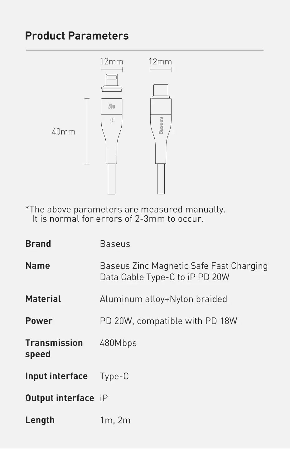 Dây sạc nhanh iPhone PD 20W Baseus - Cáp nam châm Baseus Type C to Lightning 20W - sạc nhanh cho iPhone 12/11/X - Hàng nhập khẩu