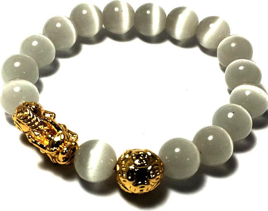 Vòng tay phong thủy đá mắt mèo màu trắng kèm cham tì hiu bạc mạ vàng 24k cao cấp cho người mệnh kim - mệnh thủy - VPT20A- Bạc QTJ