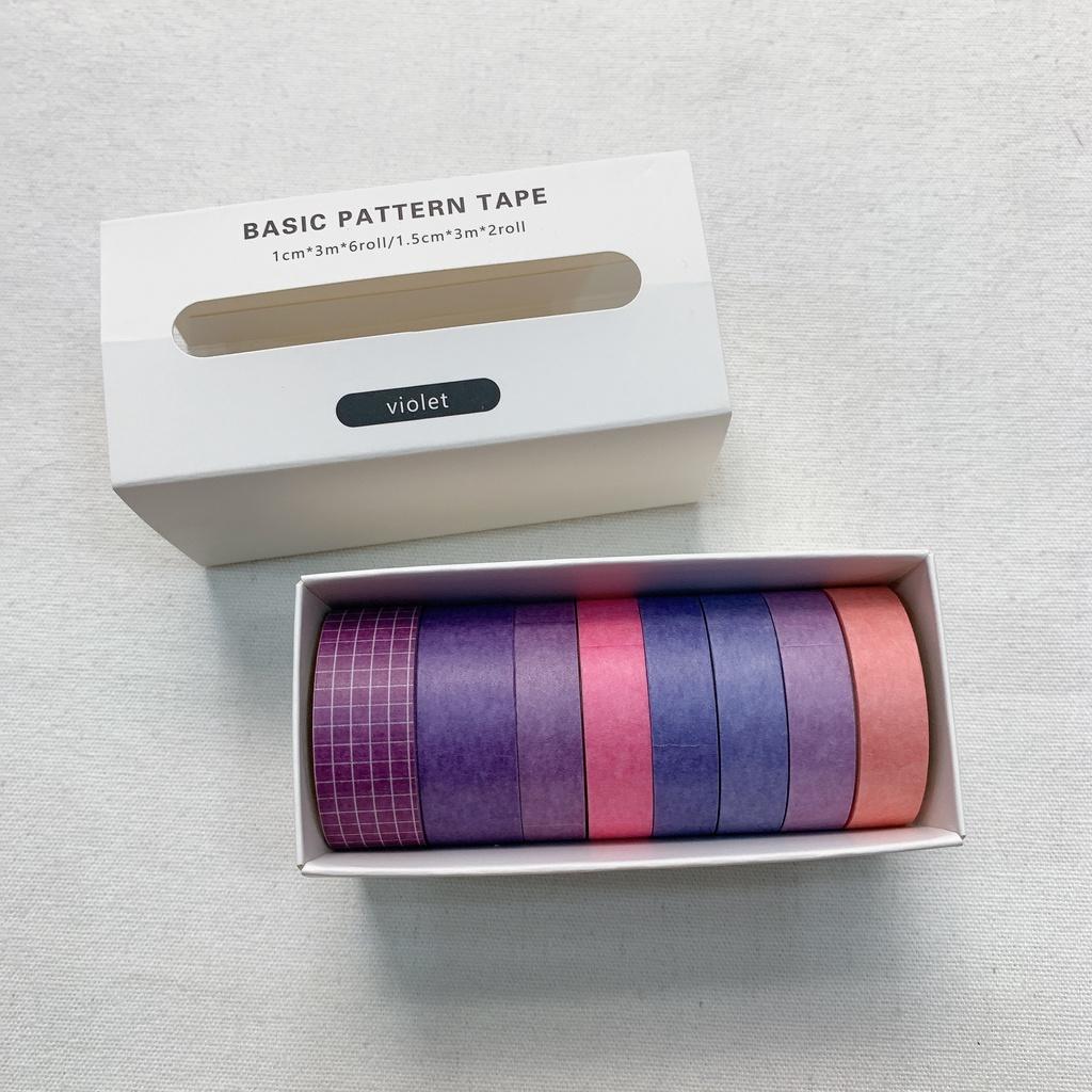 Hộp 8 Cuộn Washi Tape - Băng Dính Tone Màu Tím Xanh Hồng