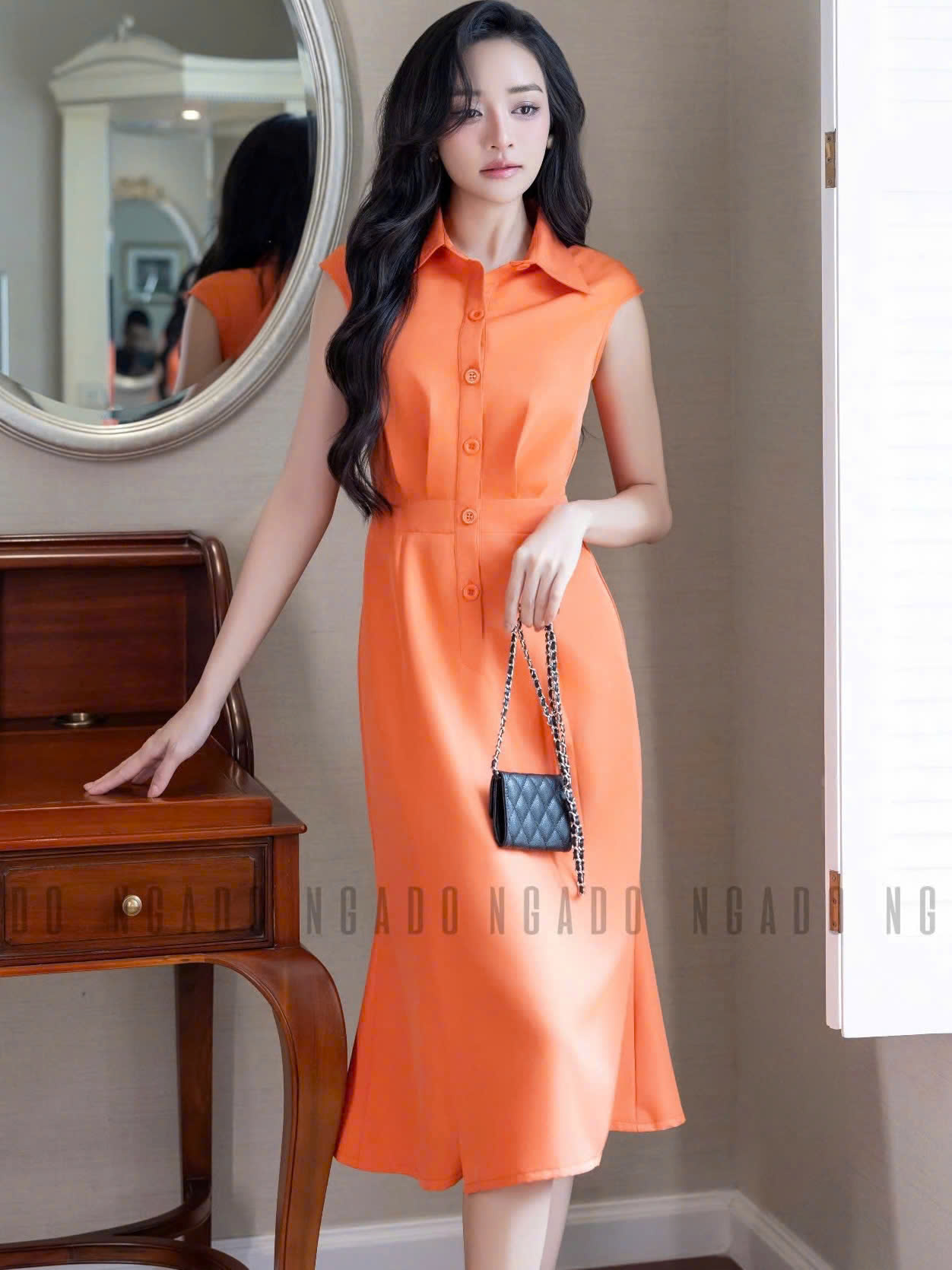 Đầm cam eo xếp ly NGADO , đầm thiết kế , đầm công sở , dạo phố