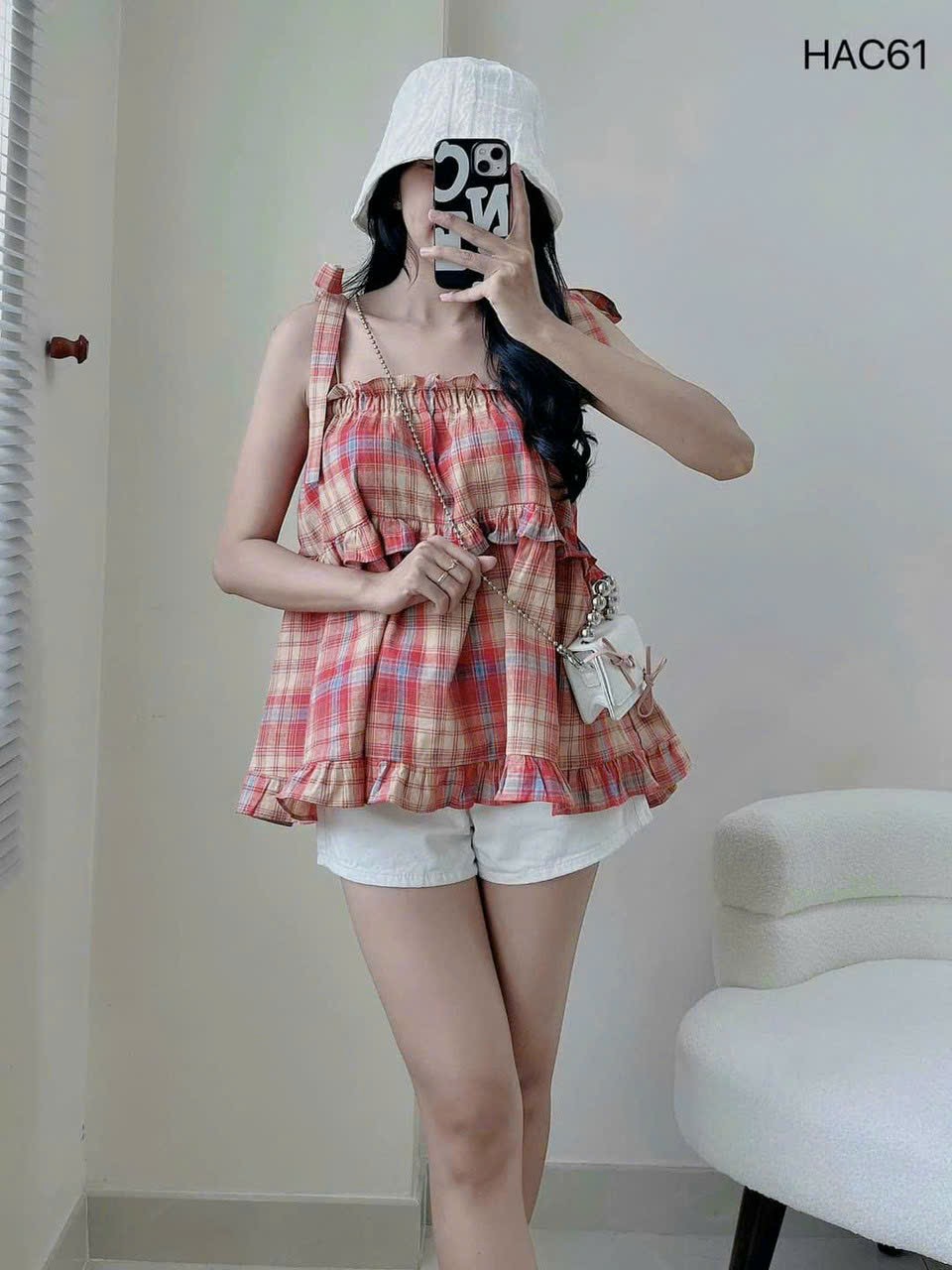 Áo hai dây babydoll caro nữ phối viền bèo tầng cột nơ vai phog cách Vintage siêu xinh chất vải kate, ÁO SƠ MI KẺ ĐỎ BÈO TÂNG 2S CHO NỮ,