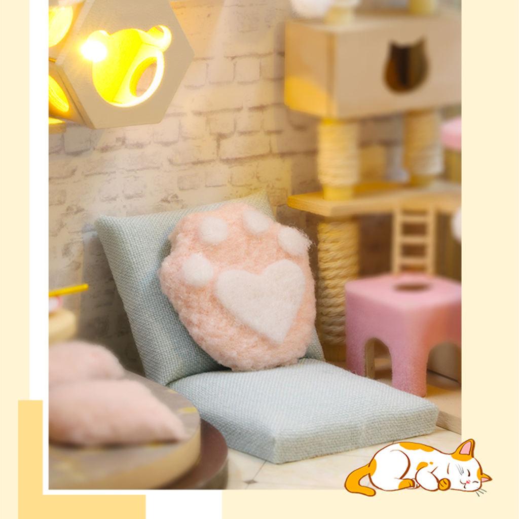 DIY Creative Dollhouse Cat Coffee Shop Kit LED Light Wooden 3D Puzzles