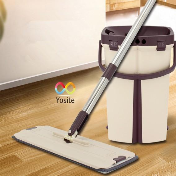 Bộ Cây Lau Nhà 360độ Bàn Chổi Phẳng Dẹt Kèm Thùng Vắt 2 Ngăn Tiện Lợi