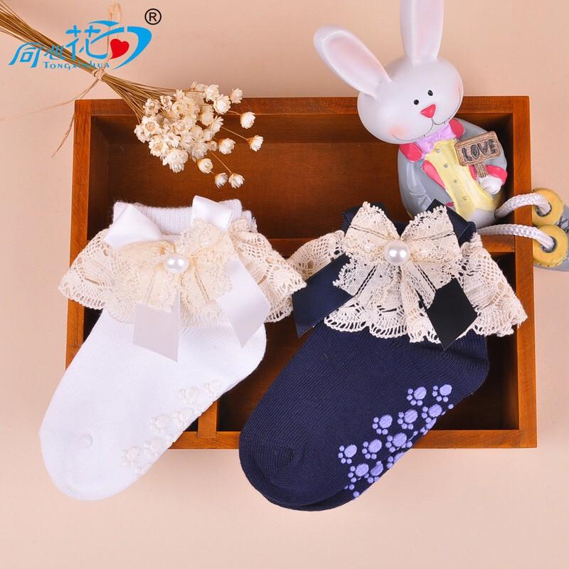 Tất Cotton Cổ Cao Phối Ren Đính Ngọc Nơ Đáng Yêu Cho Bé