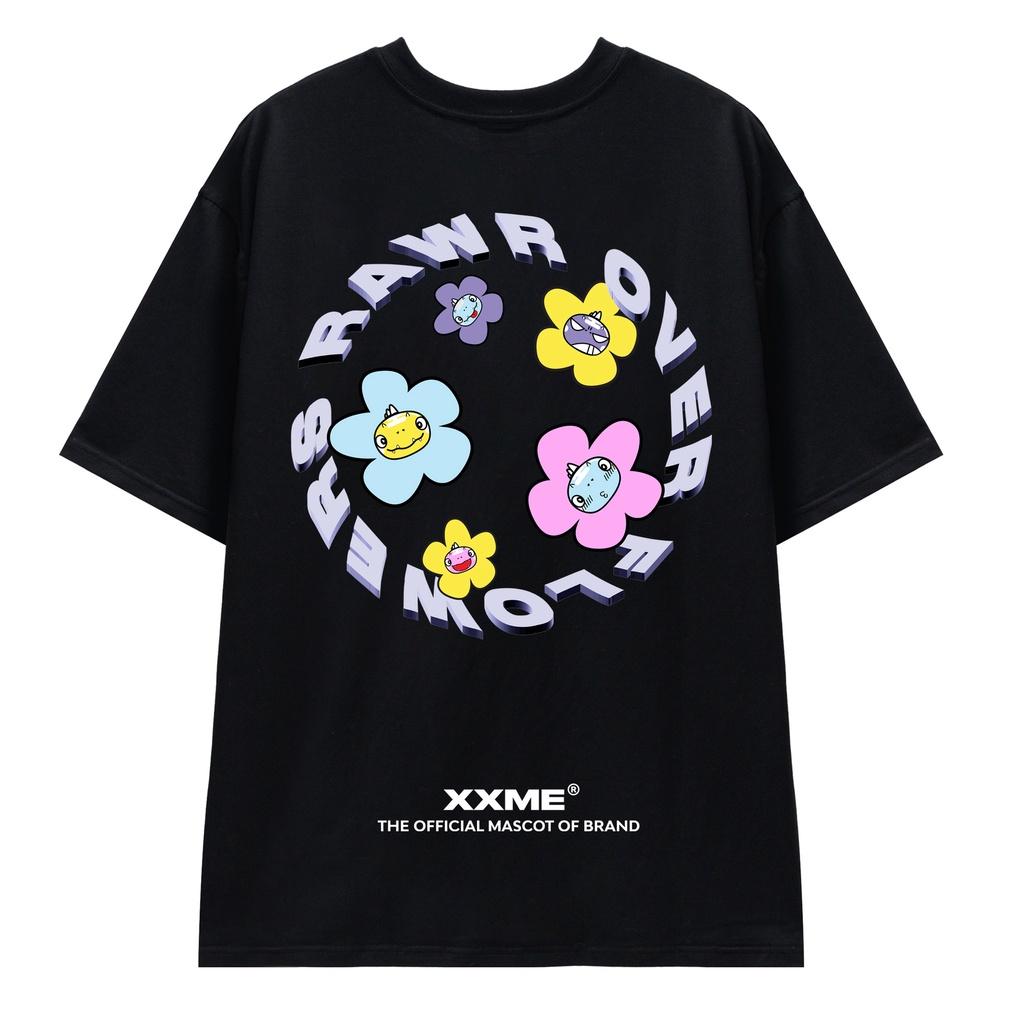Áo thun Khủng Long Rawr Over Flower màu đen XXME