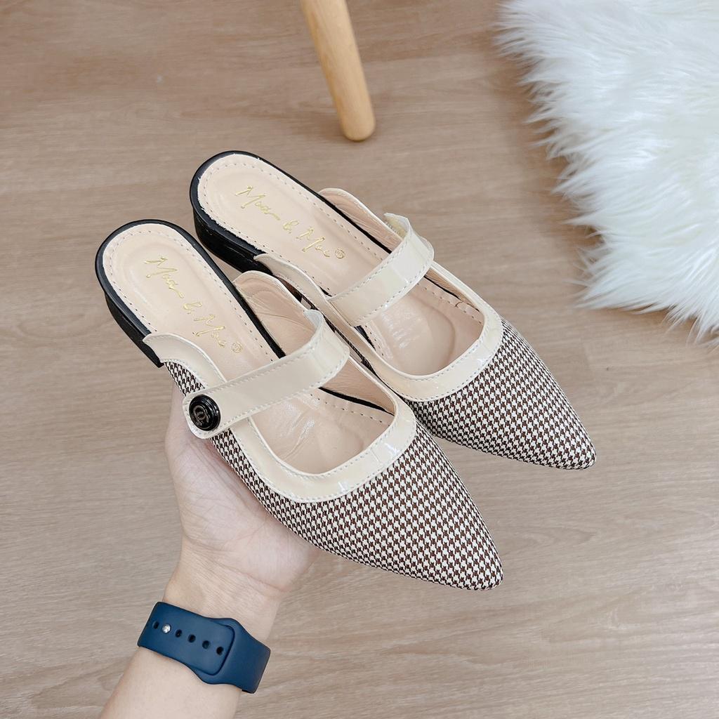 Giày sục mũi nhọn, cổ vuông, quai ngang đế 3 cm ( Bít Mũi cúc QC