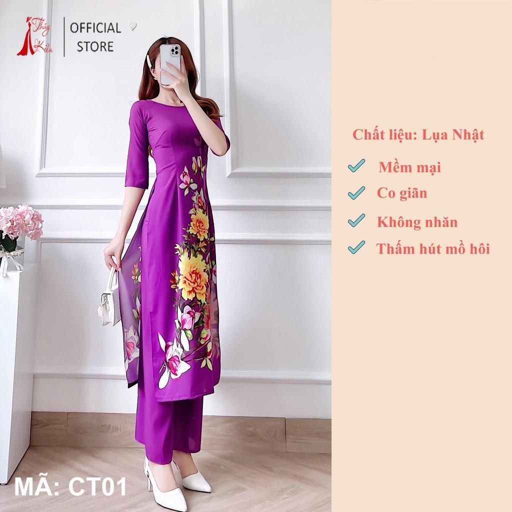 Bộ áo dài cách tân nữ thiết kế lụa Nhật CT01-TIM nền tím hoa mộc lan dự tiệc lễ tết đẹp