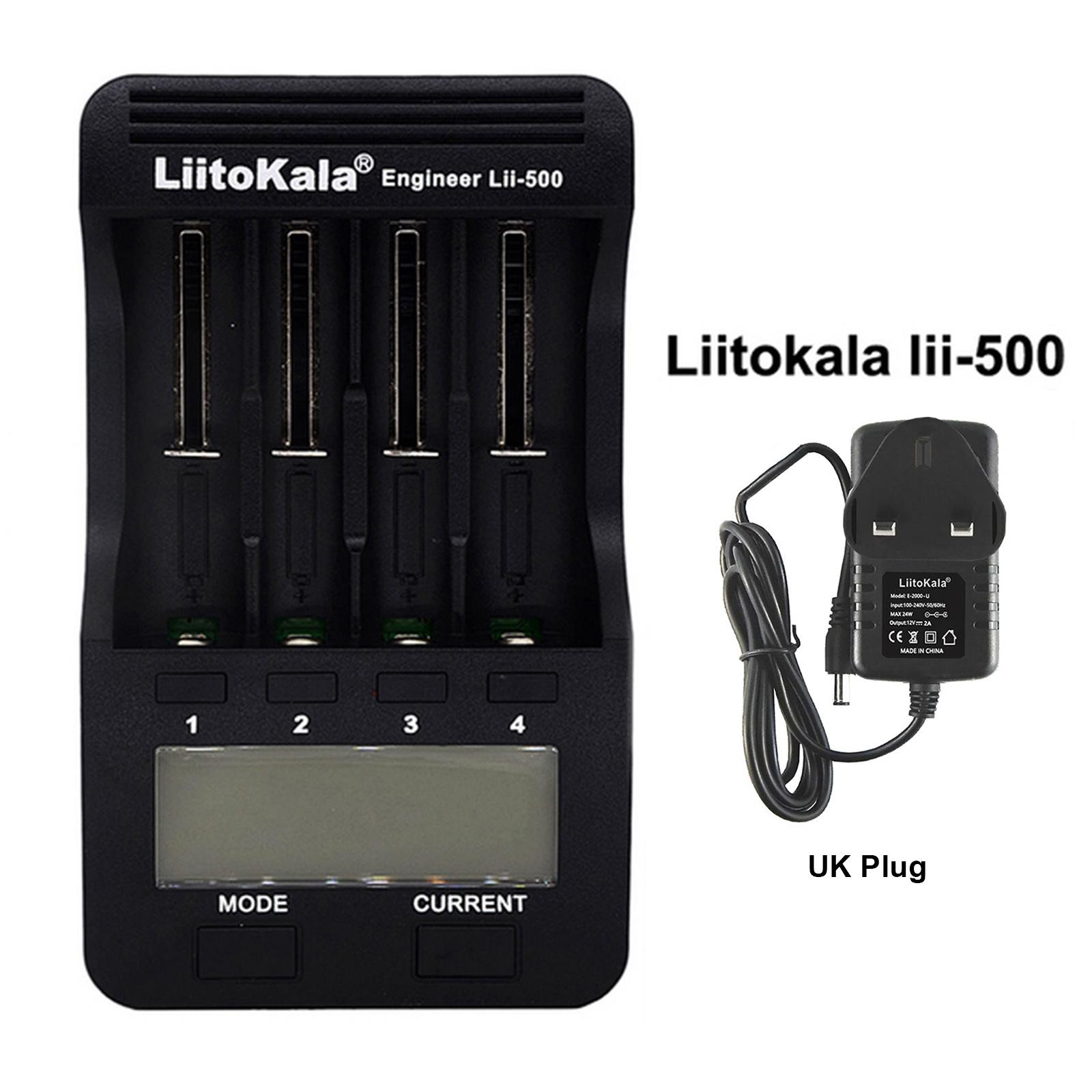 Bộ sạc pin thông minh LiitoKala Lii-500 có 4 khe cắm pin Màn hình LCD cho Ni-MH Ni-Cd Li-ion - Đen - Phích cắm của Vương quốc Anh-Màu đen-Size Vương quốc Anh cắm