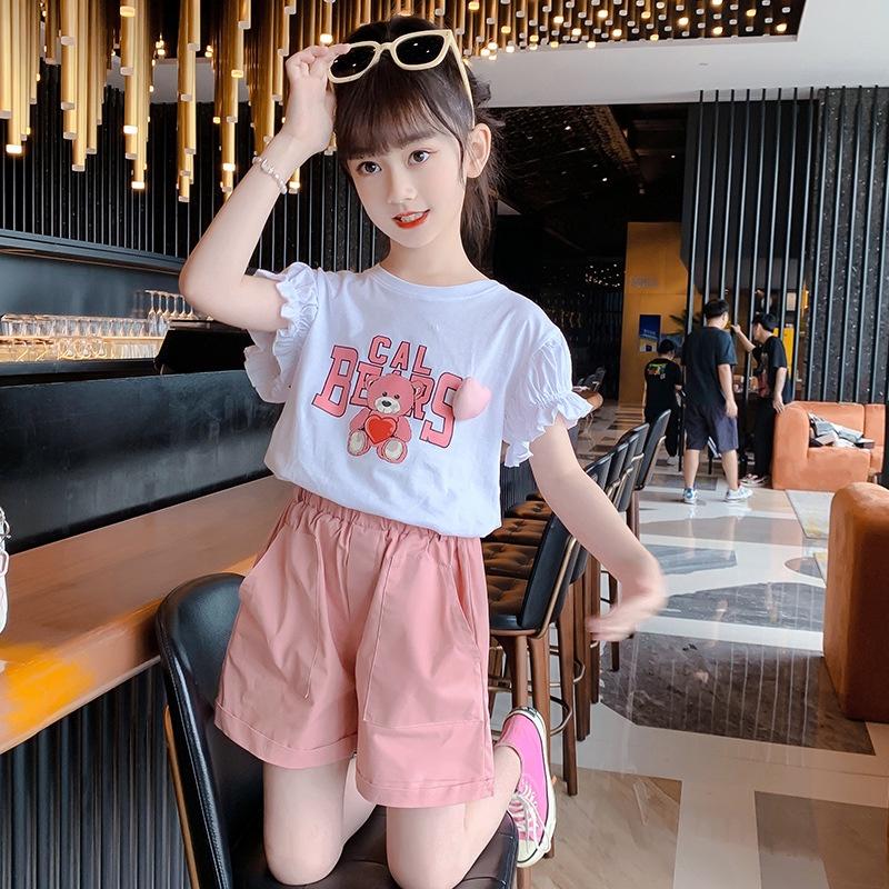 VL46 Size130-170 (29-45kg) Set bộ bé gái (Áo thun + quần vải thô Hàn Quốc) Thời trang trẻ Em hàng quảng châu