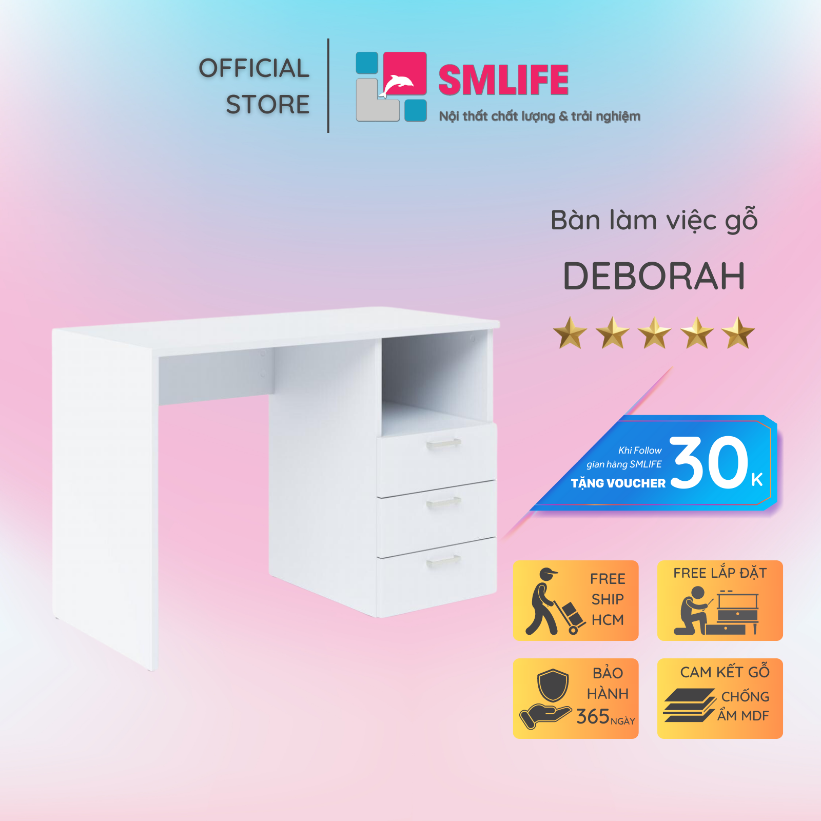 Bàn làm việc, bàn học gỗ hiện đại SMLIFE Deborah | Gỗ MDF dày 17mm chống ẩm | D120xR60xC75cm