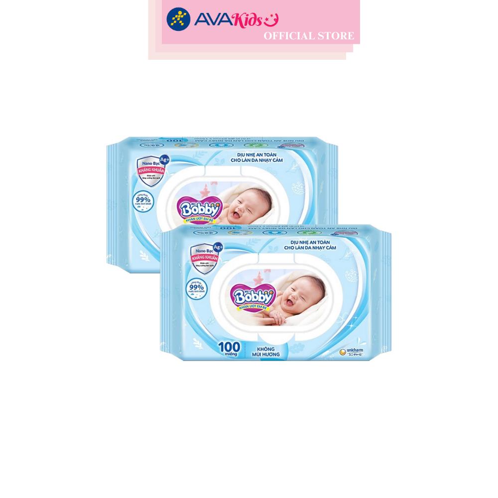 Combo 2 khăn ướt Bobby dịu nhẹ cho da nhạy cảm không mùi gói 100 miếng