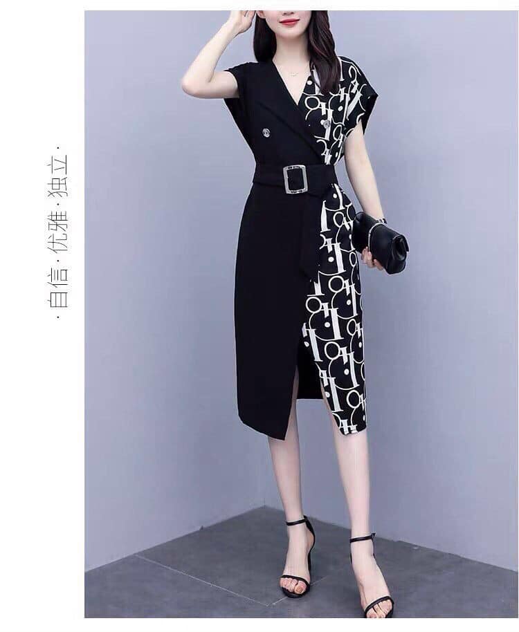 ĐẦM LỤA PHỐI HỌA TIẾT KÈM THẮT LƯNG