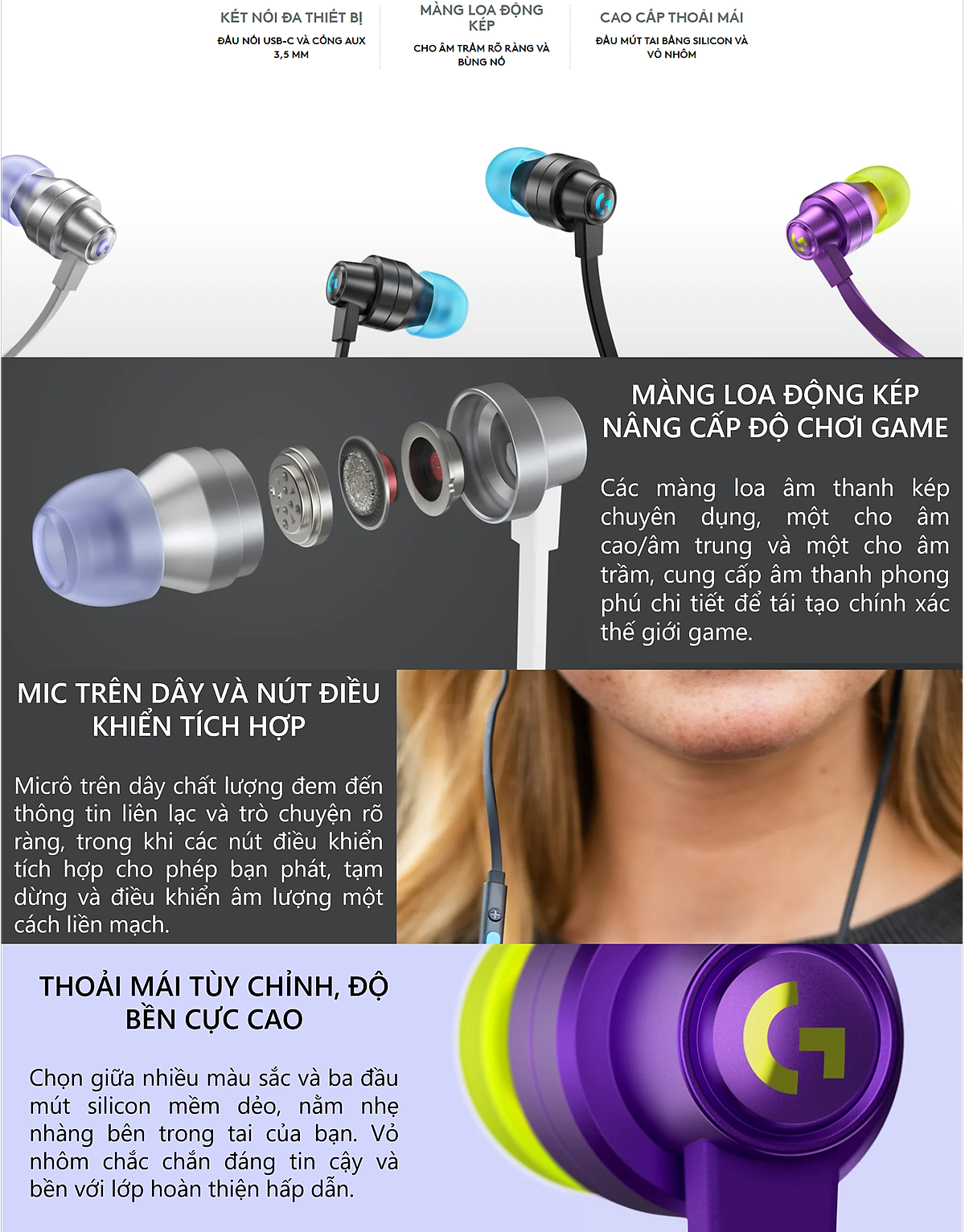 Tai nghe game in-ear Logitech G333 - màn loa động kép Dual Driver, độ bền cao, 3.5mm Aux, Mic và điều khiển trên dây -Hàng Chính Hãng