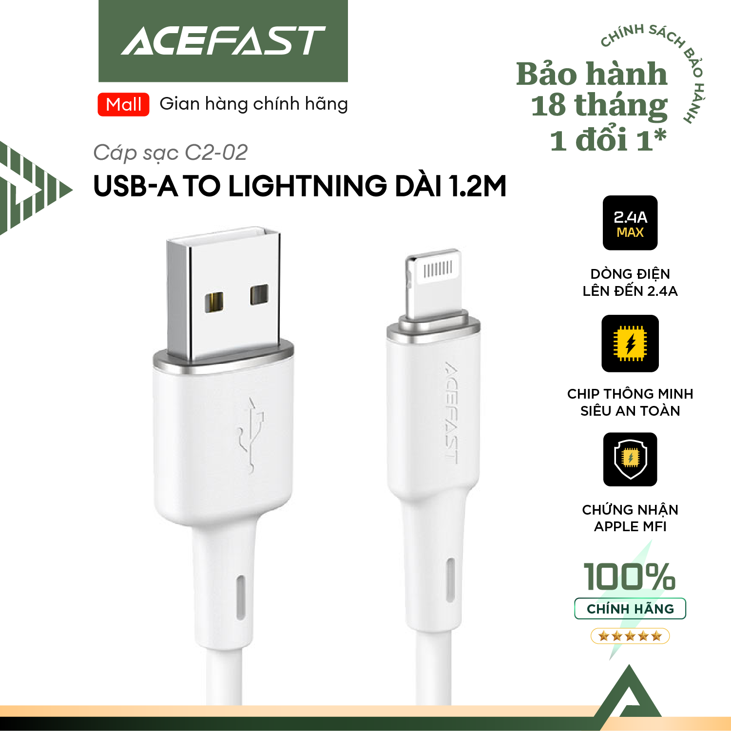 Cáp Acefast USB-A to Light.ning MFI (1.2m) - C2-02 Hàng chính hãng Acefast