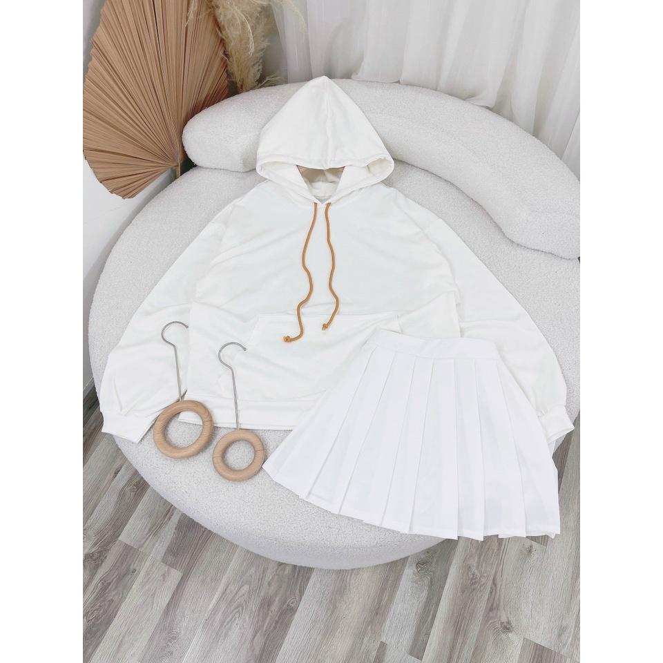 Set áo hoodie trắng có mũ kèm chân váy xếp ly ngắn năng động đồng phục hàn quốc