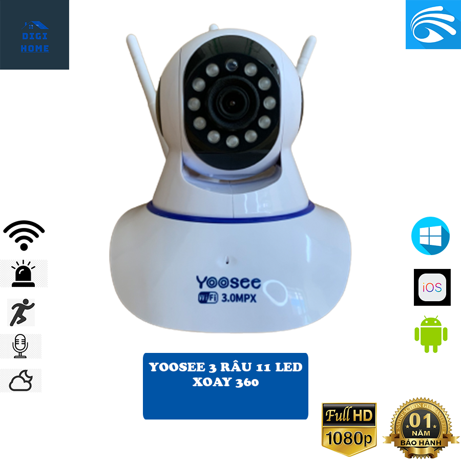 Camera Wifi Yoosee 3 râu 11 hồng ngoại - Xoay 360 độ, cảnh báo chống trộm - Hàng chính hãng