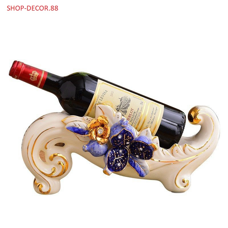 Kệ để chai vang gốm trắng cao cấp họa tiết cành lựu vẽ vàng 24k Decor trang trí nhà đẹp