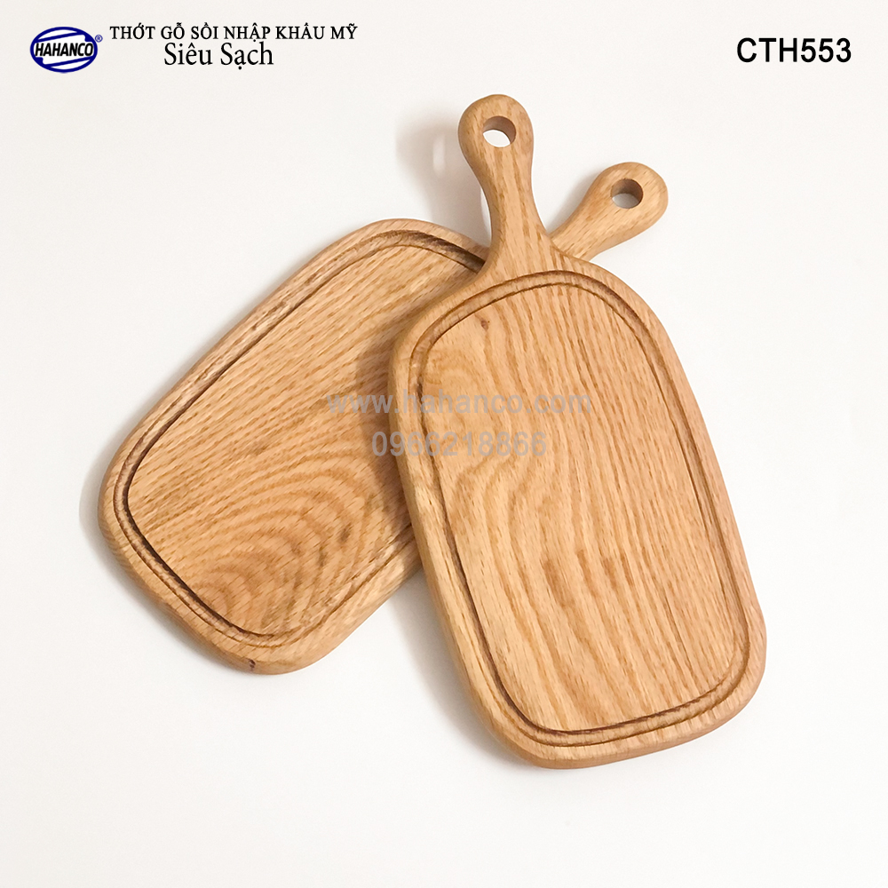 Thớt tay cầm gỗ Sồi Mỹ (OAK) có rãnh bao quanh tiện dụng (CTH553) hàng Xuất Khẩu Châu Âu - khay bánh mì/trái cây/ bít tết/ pizza/ phụ kiện chụp ảnh, bày món ăn trong nhà hàng - Sang trọng trên bàn ăn - HAHANCO