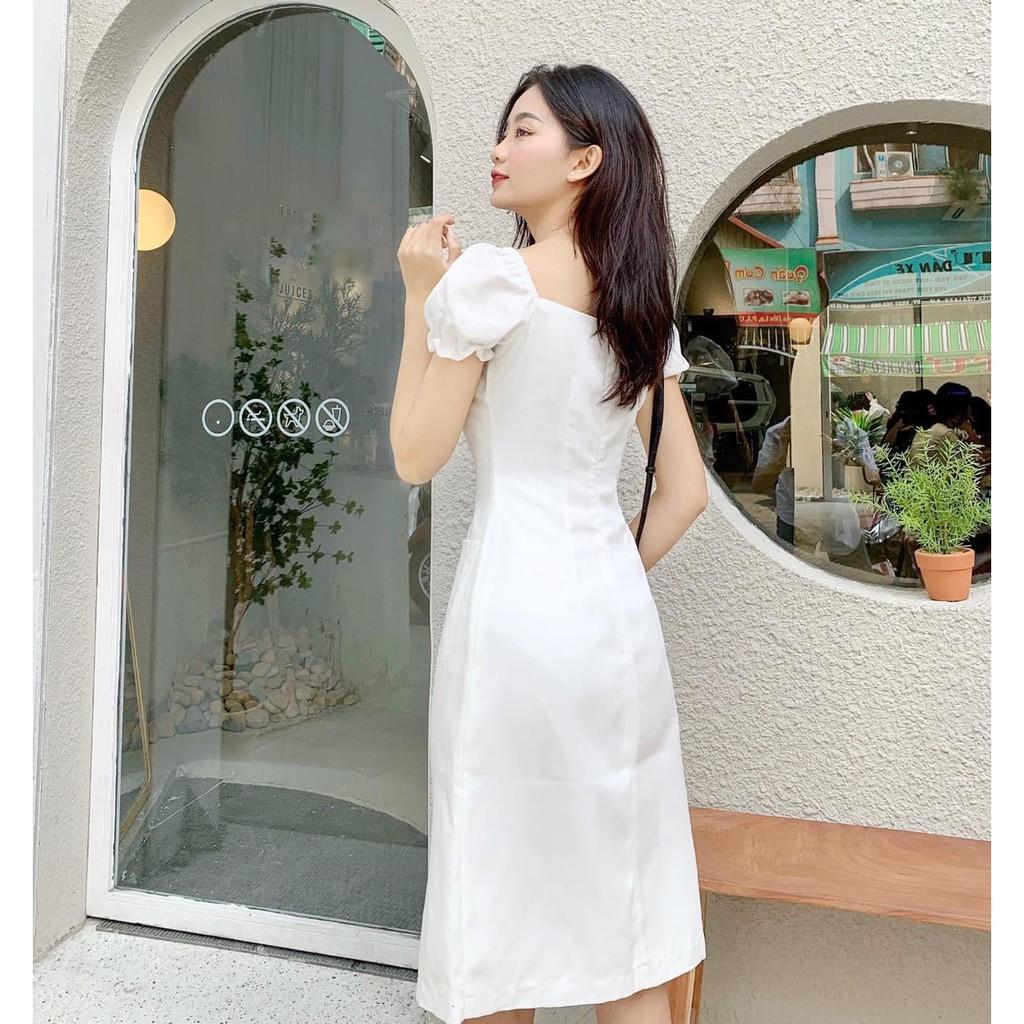 ĐẦM TẾT COTTON TRẮNG XẺ TA TAY NGẮN CỔ VUÔNG DÁNG SUÔNG ÔM-hình thật shop chụp