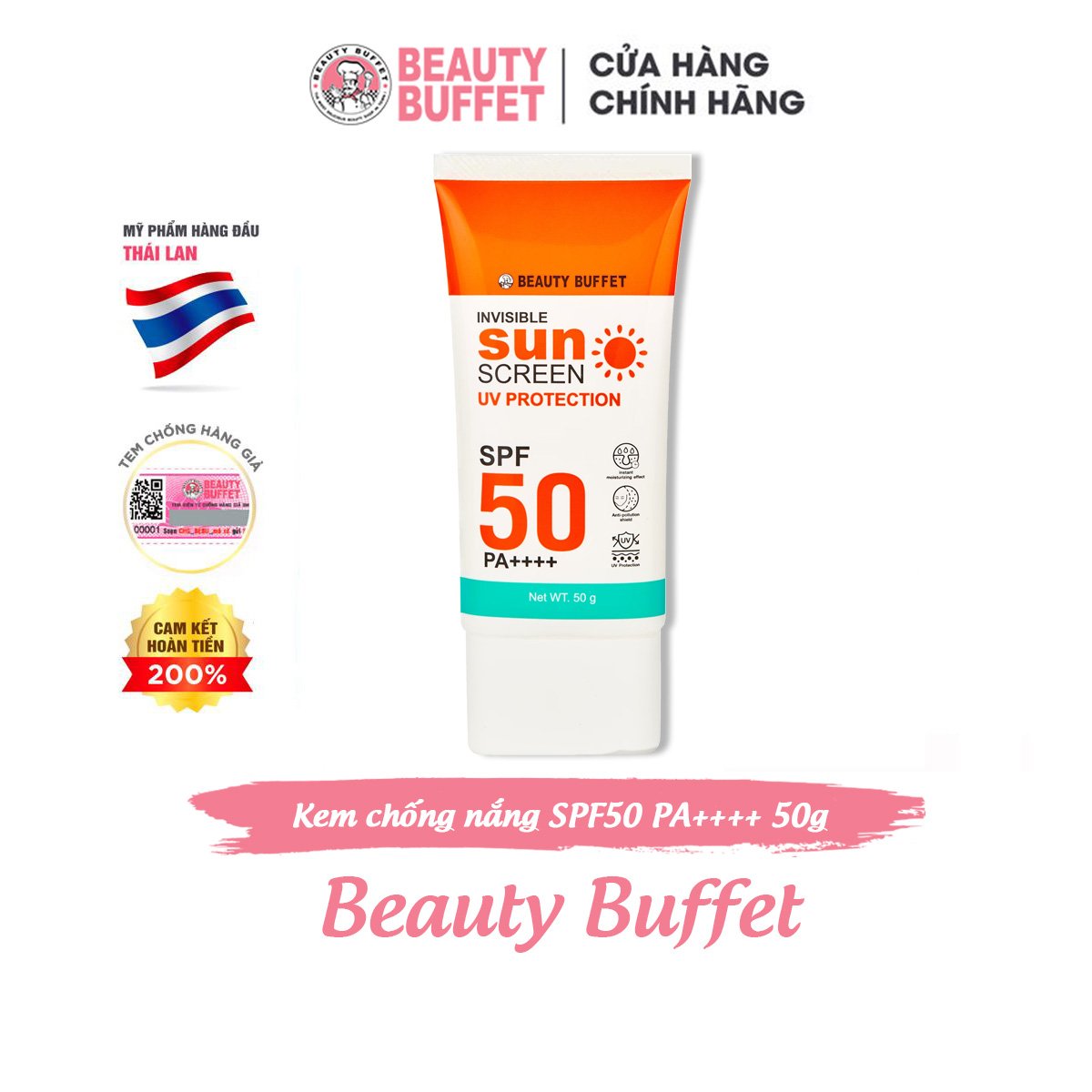 Kem chống nắng cho mặt Beauty Buffet Invisible Sunscreen UV Protection SPF 50 PA++++ 50g