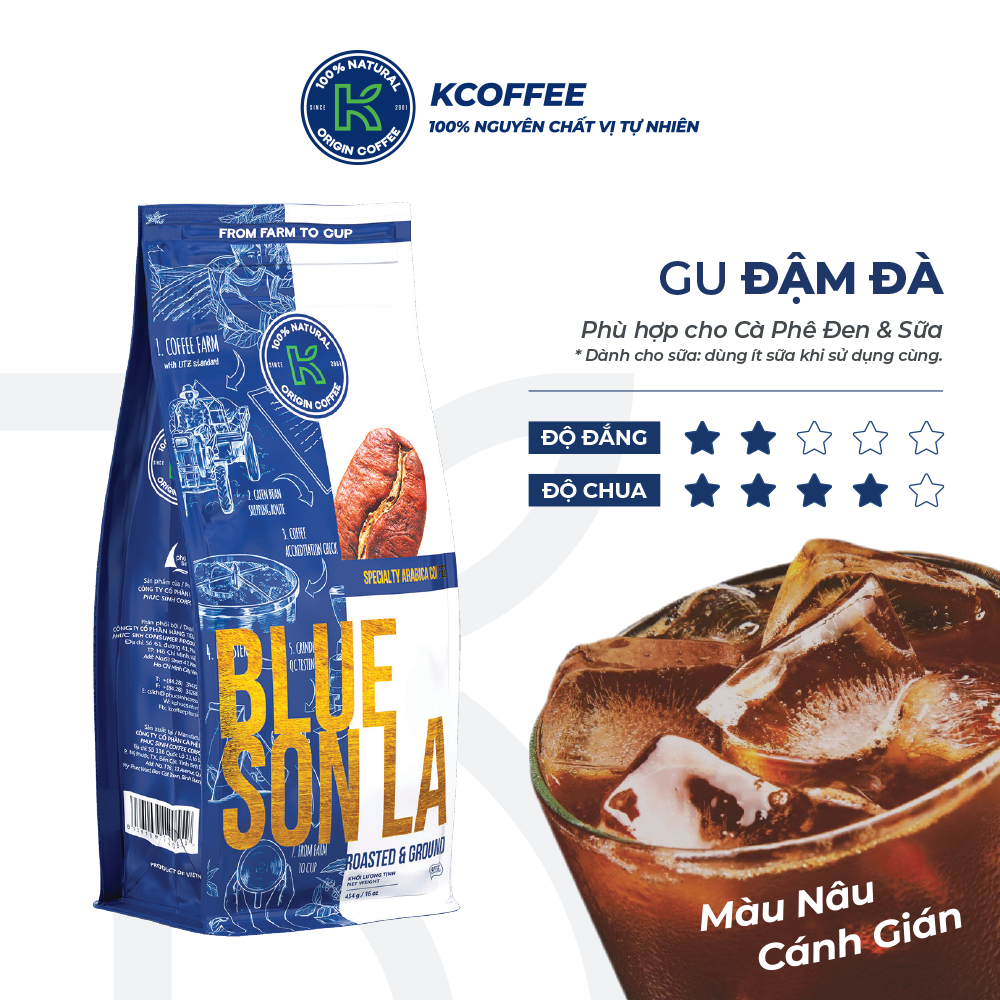 Cà phê rang xay và hạt rang K-Coffee Robusta Arabica chuẩn xuất khẩu Blue Sonla 454g