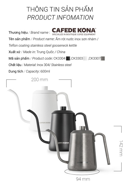 Ấm rót pour over cà phê cổ ngỗng 600ml Cafede Kona