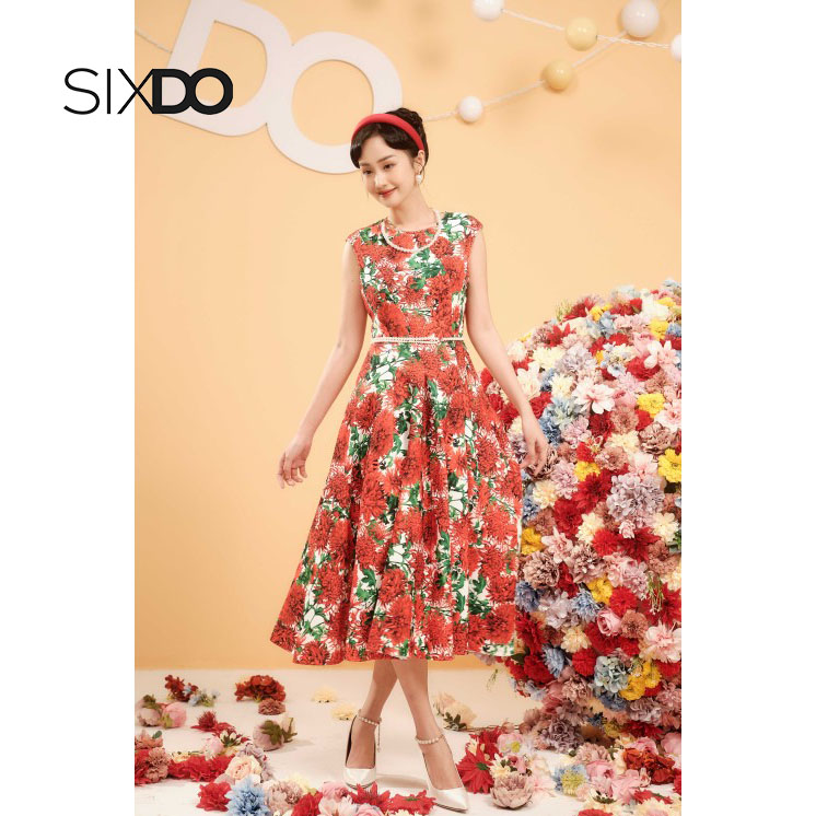 Đầm sát nách midi hoa cúc đỏ thời trang SIXDO