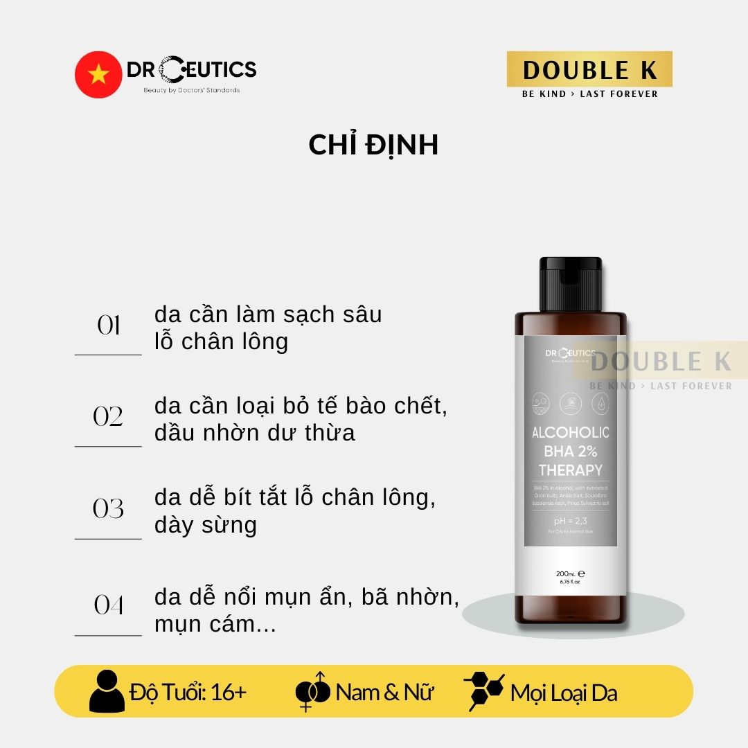 DrCeutics Alcoholic BHA 2% Therapy - Giảm và Ngừa Mụn, Loại Bỏ Tế Bào Chết, Mềm Mịn Da - Double K