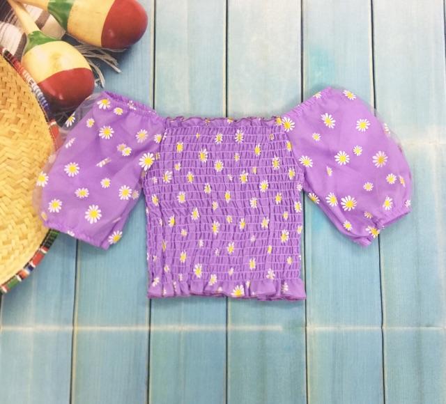 Áo kiểu nhún phối lưới in hoa cúc