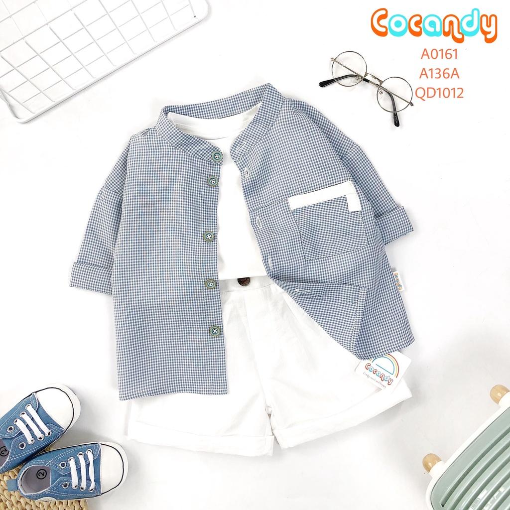 Set đồ cho bé- Áo sơ mi dài tay caro XANH, áo thun và quần cộc trắng cho bé của COCANDY mã A0161, A136A, QD101200