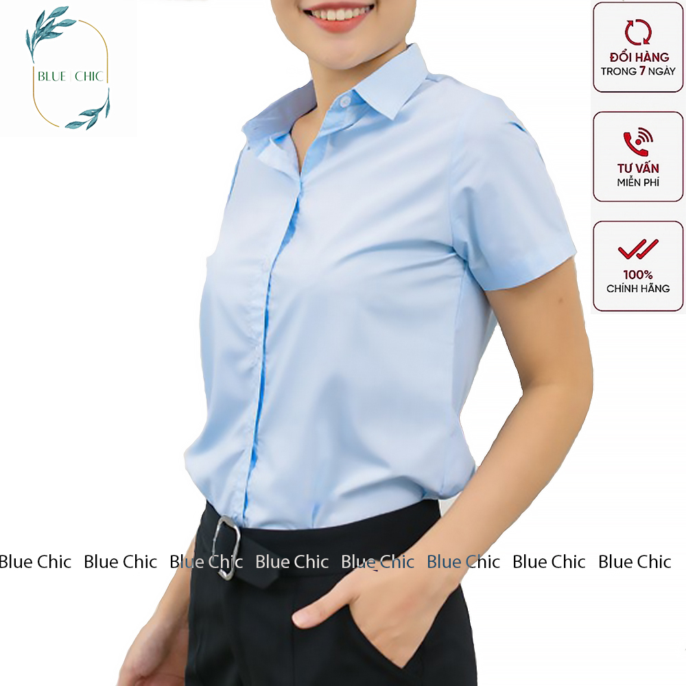 Hình ảnh Áo sơ mi nữ Blue Chic tay ngắn form suông màu trắng xanh sơmi cộc thời trang công sở