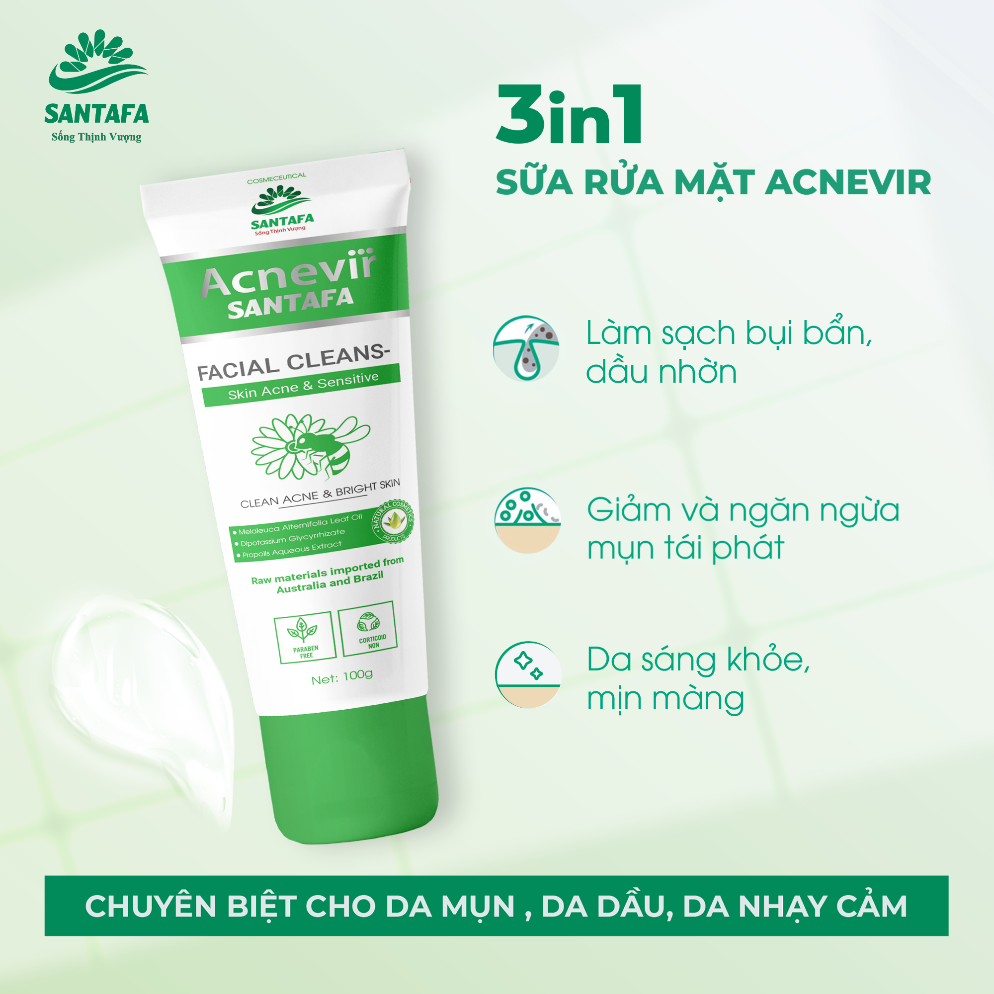 Sữa rửa mặt Acnevir Santafa - Giúp làm sạch bụi bẩn trên da,Làm giảm và ngăn ngừa mụn quay trở lại - Tuyp 50g/100g