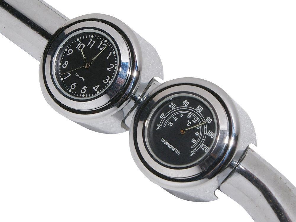 Universal Motorcycle Handlebar Mount Dial Clock & Temp 7/8" 1"
