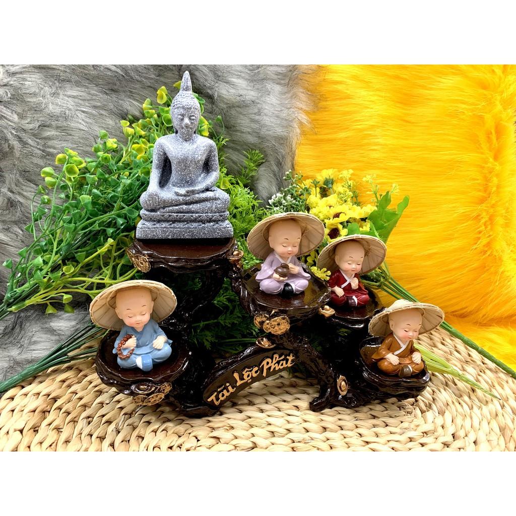 Tượng Phật và các chú tiểu Tịnh Tâm nón lá tọa đế Tài Lộc Phát