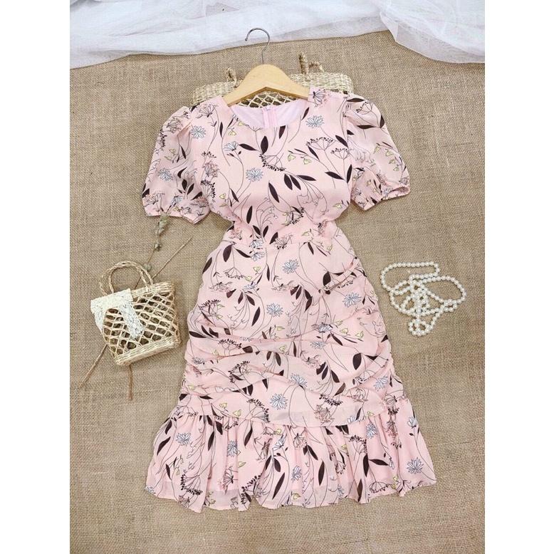 Đầm hoa nhí voan nhún eo, Váy hoa nhí đuôi cá công sở Cao Cấp dự tiệc tay ngắn cổ tròn - MiNhi Fashion