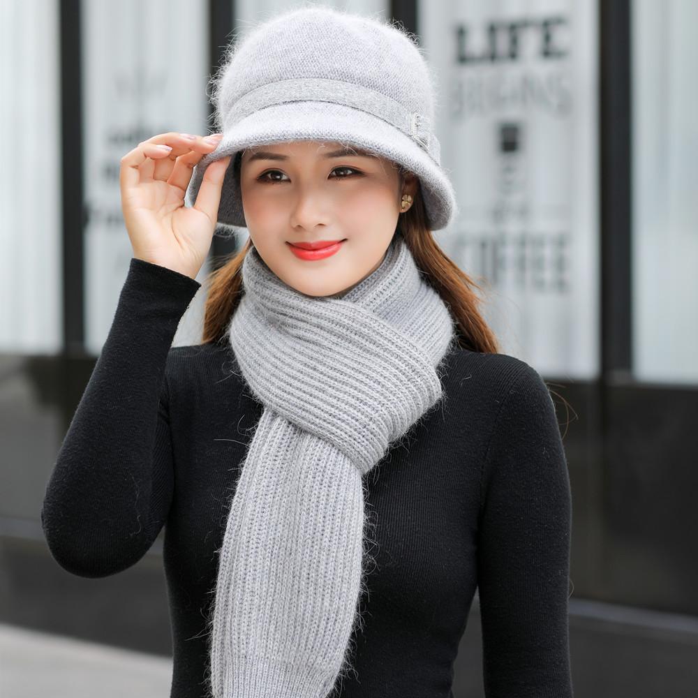 Phụ Nữ Mới Mùa Đông Mũ Giữ Ấm Nắp Thêm Lông Lót Nón & Khăn Choàng Ấm Bộ Mũ Cói Thời Trang Nữ lông Thỏ Dệt Kim Nón