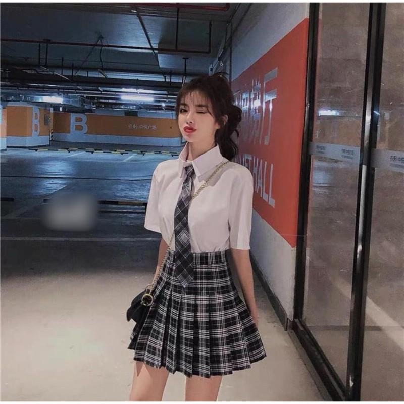 SET CHÂN VÁY KẺ KÈM ÁO SƠ MI