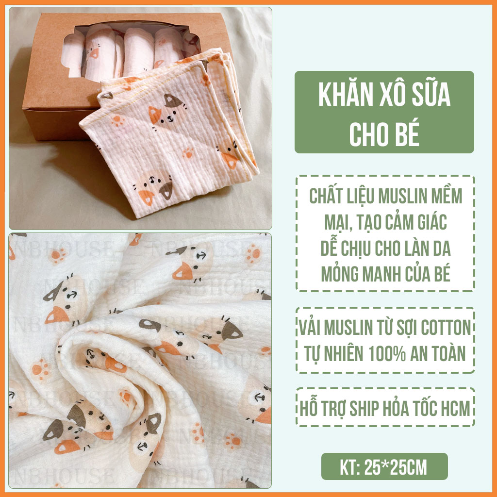 Set 5 Khăn Sữa Khăn Xô Cho Bé Chất Vải Xô Muslin Họa Tiết Mèo Tai Hai Màu