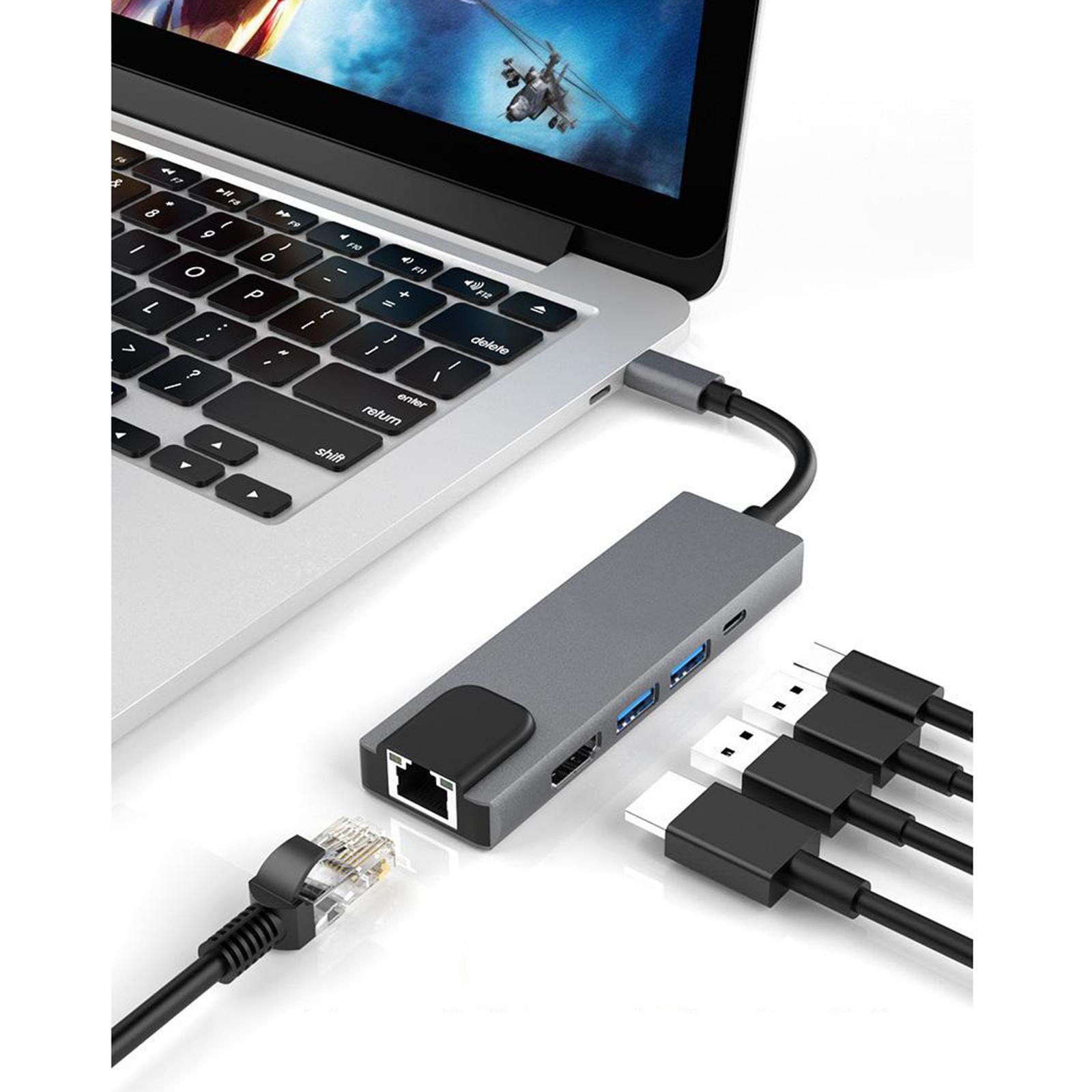 5 in 1 Universal USB Type-C Hub USB 3.0 HDMI Female Adapter Cable PD Charge Converter Network card