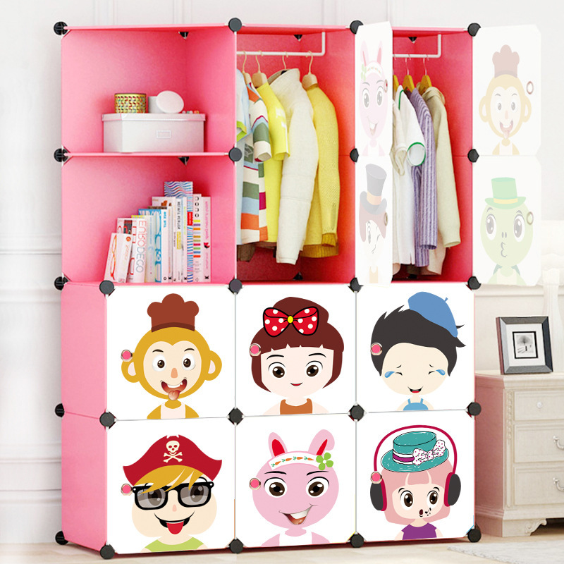 Tủ nhựa lắp ghép 10 ô lớn 2 ô xéo và 2 thanh treo màu hồng cửa hoạt hình