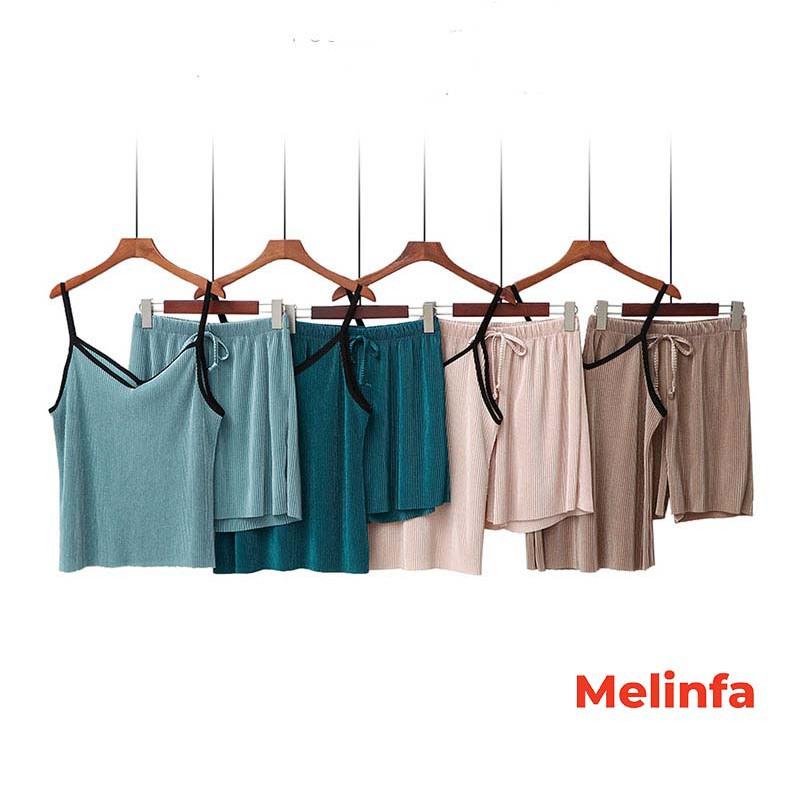 Bộ đồ ngủ nữ, bộ mặc nhà áo hai dây lụa lạnh cổ V, quần short basic trơn nhiều màu mã VABD0116