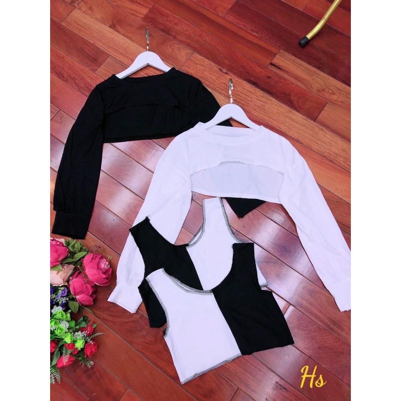 Bộ Áo Croptop Nữ Kèm Yếm Phối Màu Đen Trắng Siêu Xinh Set Áo Croptop Dài Tay Kèm Áo Trong 2 Màu So Hot