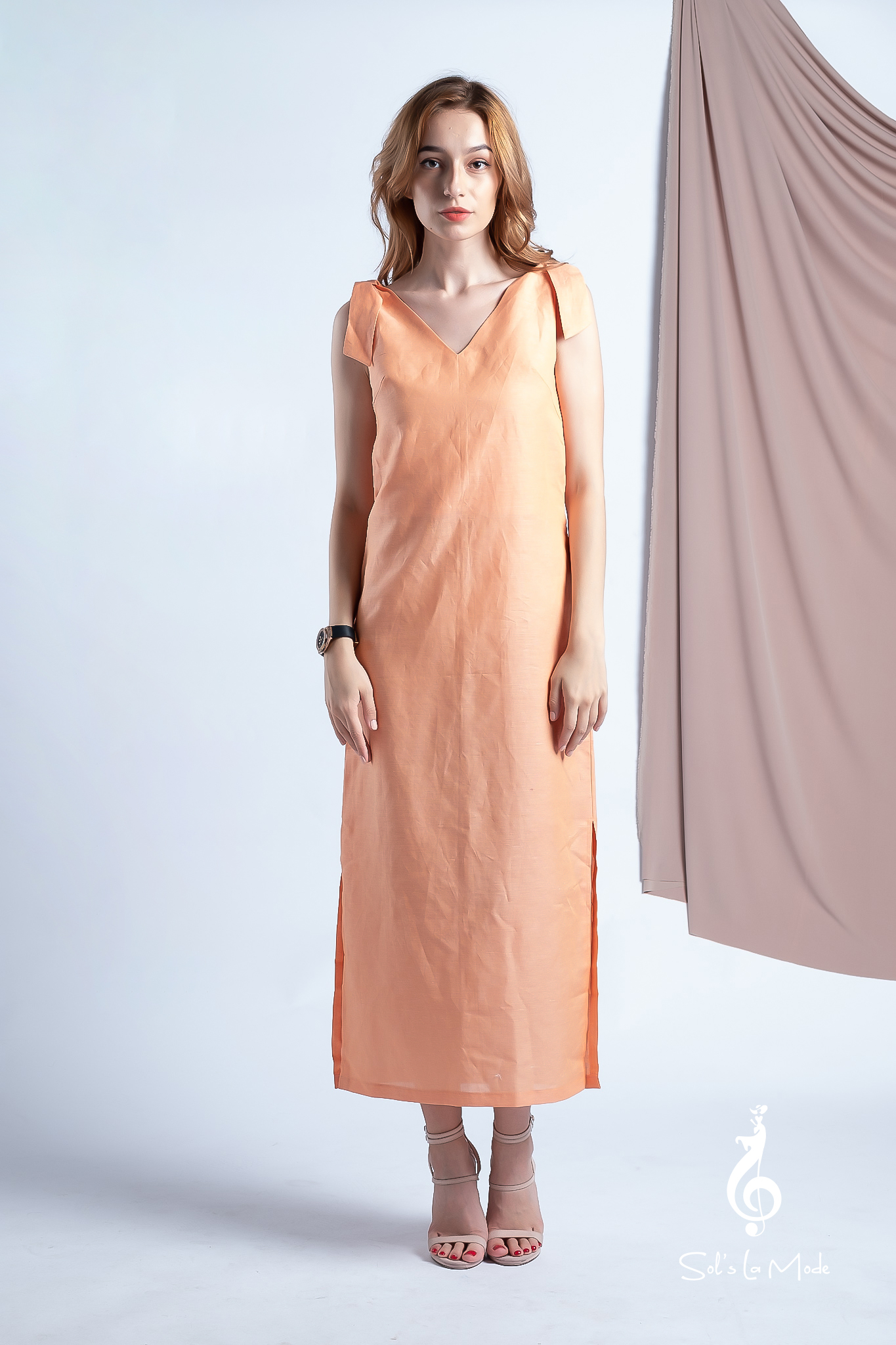 Đầm Linen dài ORANGE shoulder bow dress